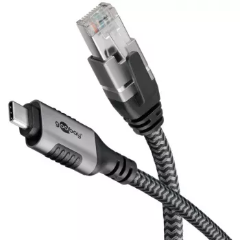 Cavo Ethernet USB-C 3.2 Gen2 connettore maschio > connettore maschio RJ-45, adattatore LAN nero/argento, 2 metri, guaina in tessuto intrecciato