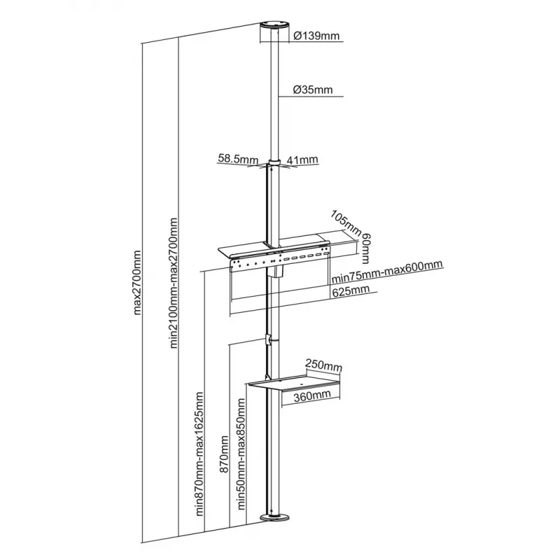 Maclean MC-791N supporto TV telescopico da pavimento a soffitto con mensola, 37-70 pollici, 30 kg