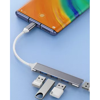 Hub USB VAKOSS TC-4125X — 1× USB 3.0 Type-A, 3× USB 2.0 Type-A, host: USB Type-C, argento
