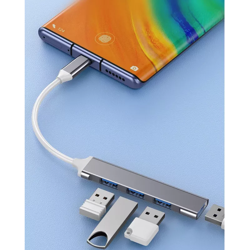 Hub USB VAKOSS TC-4125X — 1× USB 3.0 Type-A, 3× USB 2.0 Type-A, host: USB Type-C, argento