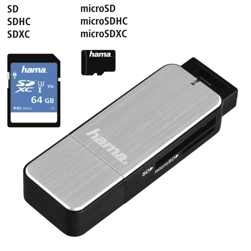 Hama 123900 lettore di schede USB 3.0 SD/microSD, alluminio, nero/argento