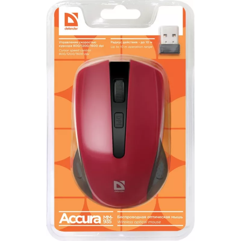 Mouse ottico wireless DEFENDER MM-935 RF – ambidestro, 1600 DPI, rosso, ricevitore RF-USB, batterie AAA