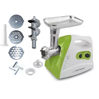 Tritacarne ESPERANZA EKM012G — 600 W, lama in acciaio inox, cornetto per salsicce, accessorio kebbe, marcia indietro, piedini antiscivolo, bianco/verde