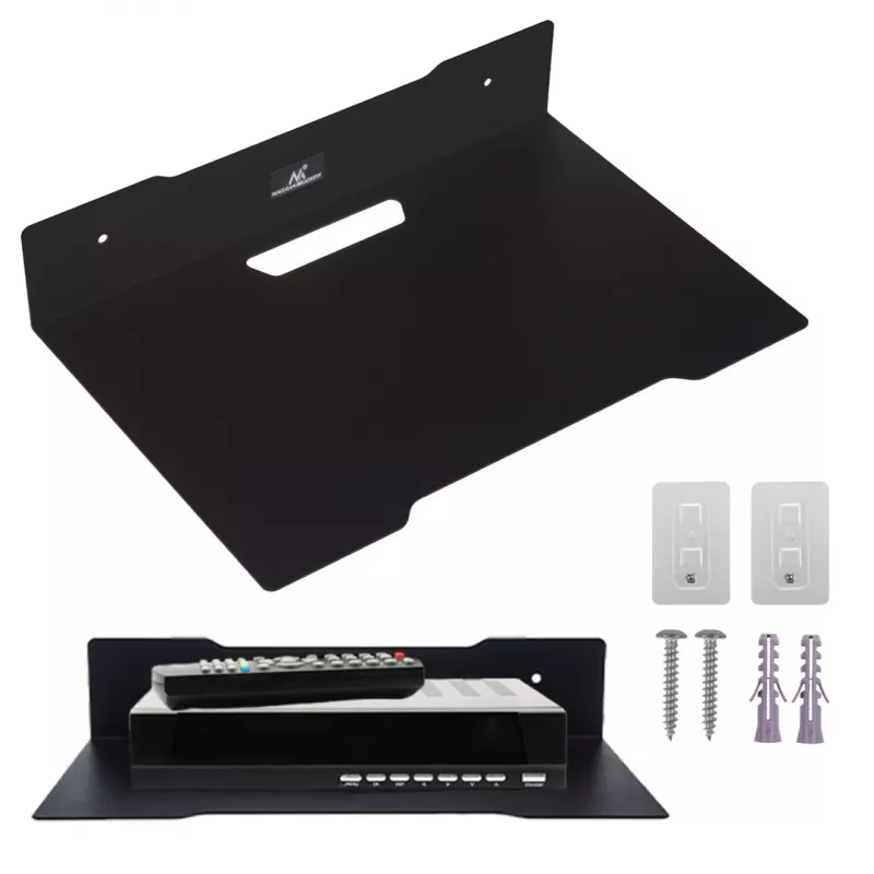 Mensola da parete per decoder MACLEAN MC-122, acciaio, nera, carico max. 5 kg, interasse fori 219 mm