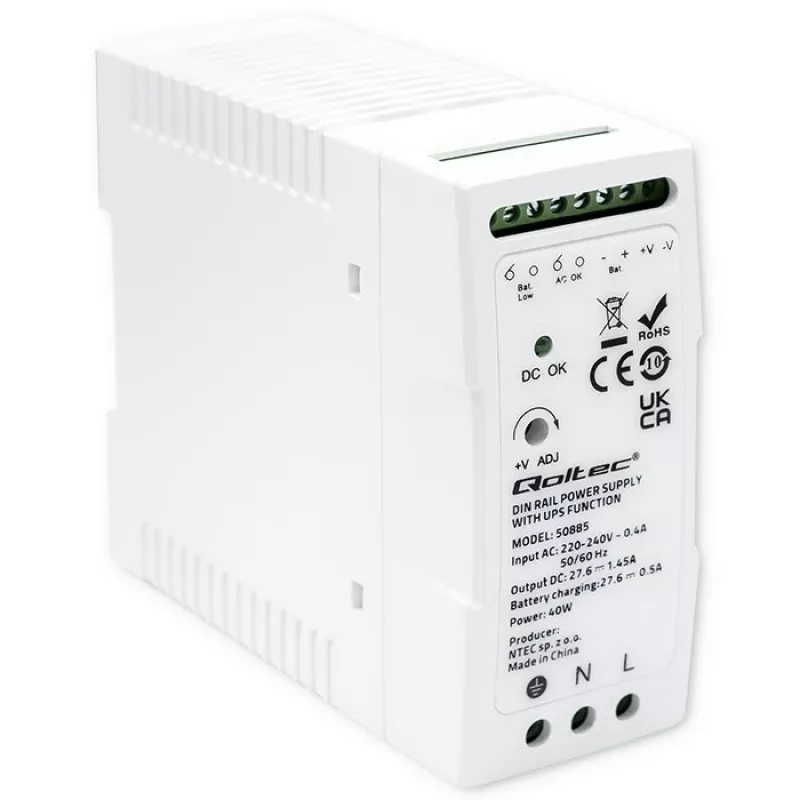 Qoltec 50885 Alimentatore stabile per guida DIN con funzione UPS | 40W