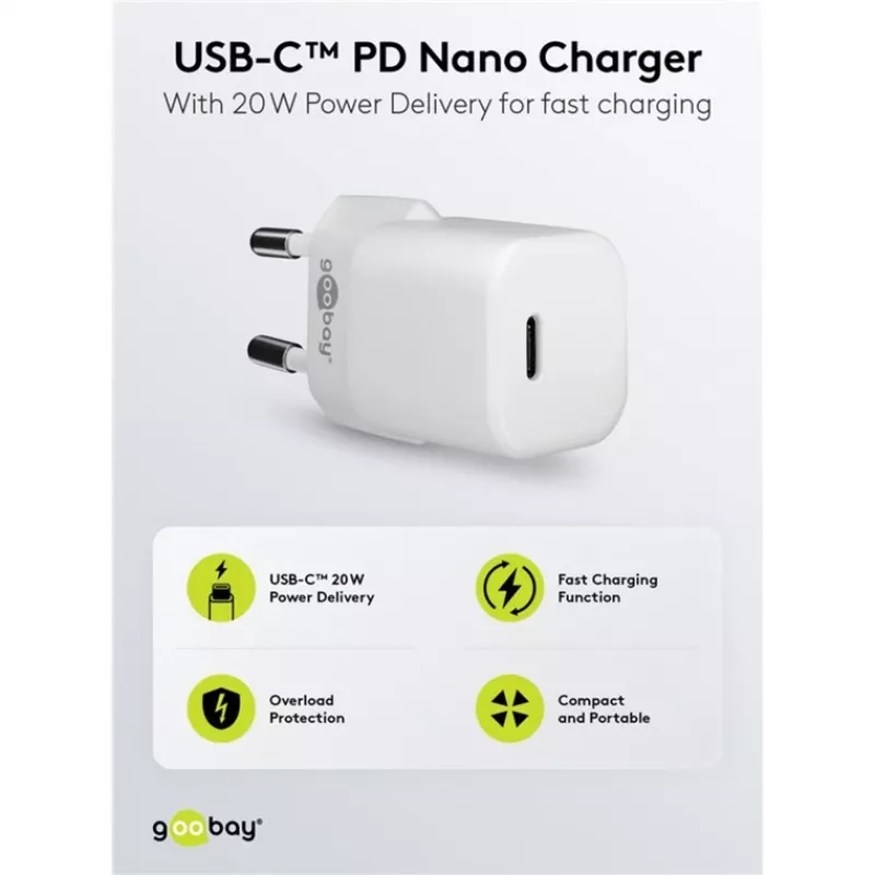 Goobay caricabatterie rapido AC universale nero per interni 65403 USB Type-C 110-240V