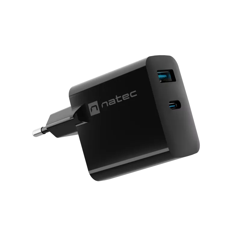 Caricabatterie con filo per dispositivi mobili NATEC NUC-2143, 45 W, USB-C PD 3.0 + USB-A QC 3.0, 110–240 V, nero