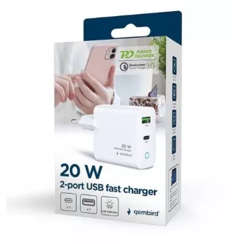 Caricabatterie da rete 220V GEMBIRD, universale, 1x USB Type-C PD 20 W, 1x USB-A 3.0 QC 18 W, indicatore LED, bianco