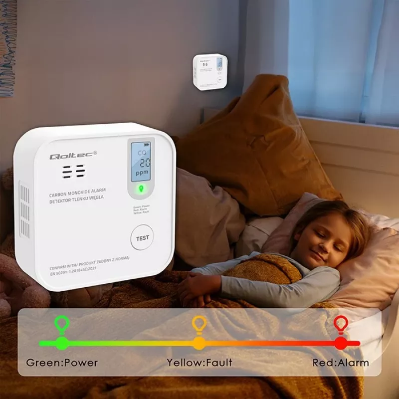 Rilevatore di monossido di carbonio QOLTEC 52577 — allarme a batteria, livello sonoro 85 dB