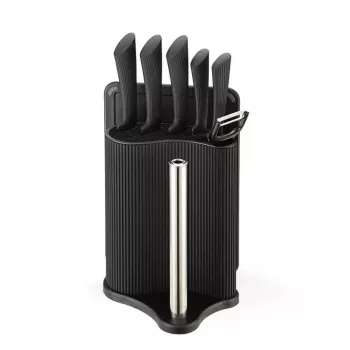 Set blocco coltelli e posate Maestro MR-1413 – nero, 8 pezzi, lame in acciaio inox con supporto, portarotolo