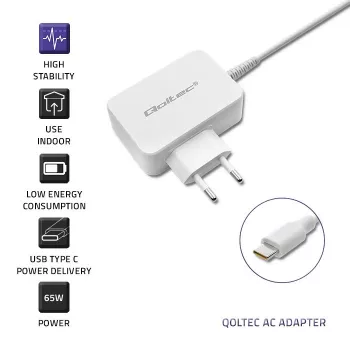 Alimentatore QOLTEC 51039 65W AC-to-DC 220–240V 20.3V/3.25A Type-C bianco, cavo 1,7 m