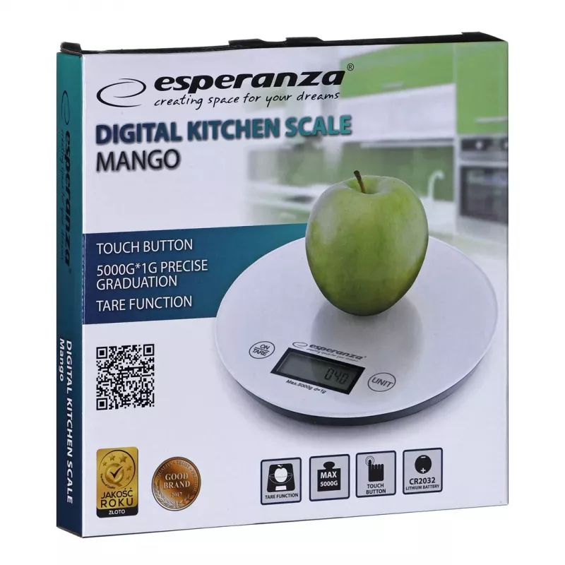 Bilancia da cucina elettronica ESPERANZA EKS003W, capacità 5 kg, precisione 1 g, vetro temperato, controllo touch