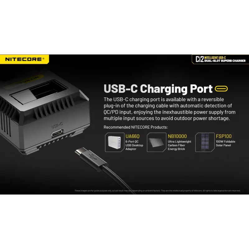 Caricabatterie Nitecore Ci12 caricatore universale USB per Li‑Ion, NiCd, NiMH, ingresso 3A 5/9/12V, case in plastica