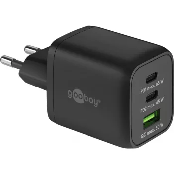 Caricabatterie rapido USB-C Nano, PD, GaN, 65 Watt, cavo intrecciato USB-C (nero, 1x USB-A, 2x USB-C PD, Quick Charge 3.0, cavo 1 metro)