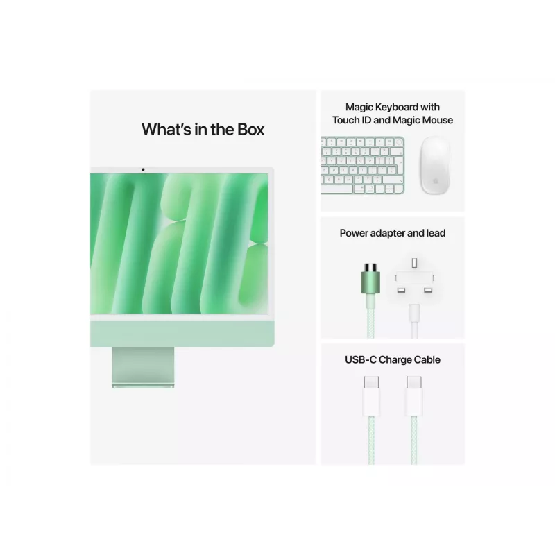 PC All-in-One Apple iMac 24" M4 (CPU 10 core, GPU 10 core), 24 GB RAM, SSD 512 GB, Retina 4,5K, vetro standard, tastiera tedesca con Touch ID, Magic Mouse, Gigabit Ethernet, verde, MD2Q4D/A