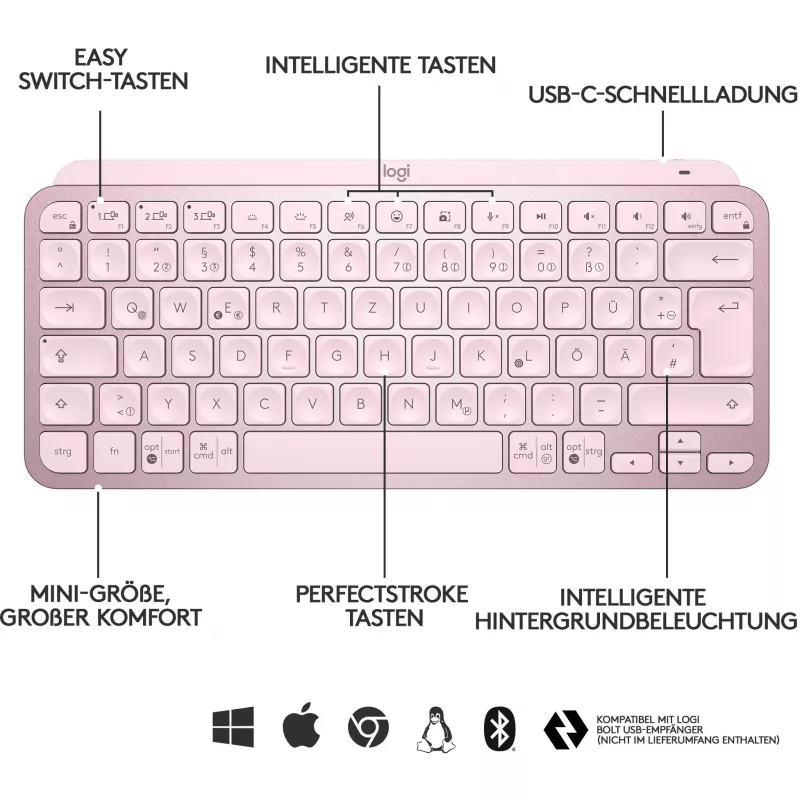 Logitech MX Keys Mini tastiera wireless illuminata minimalista - ROSE - CENTRAL (DE)