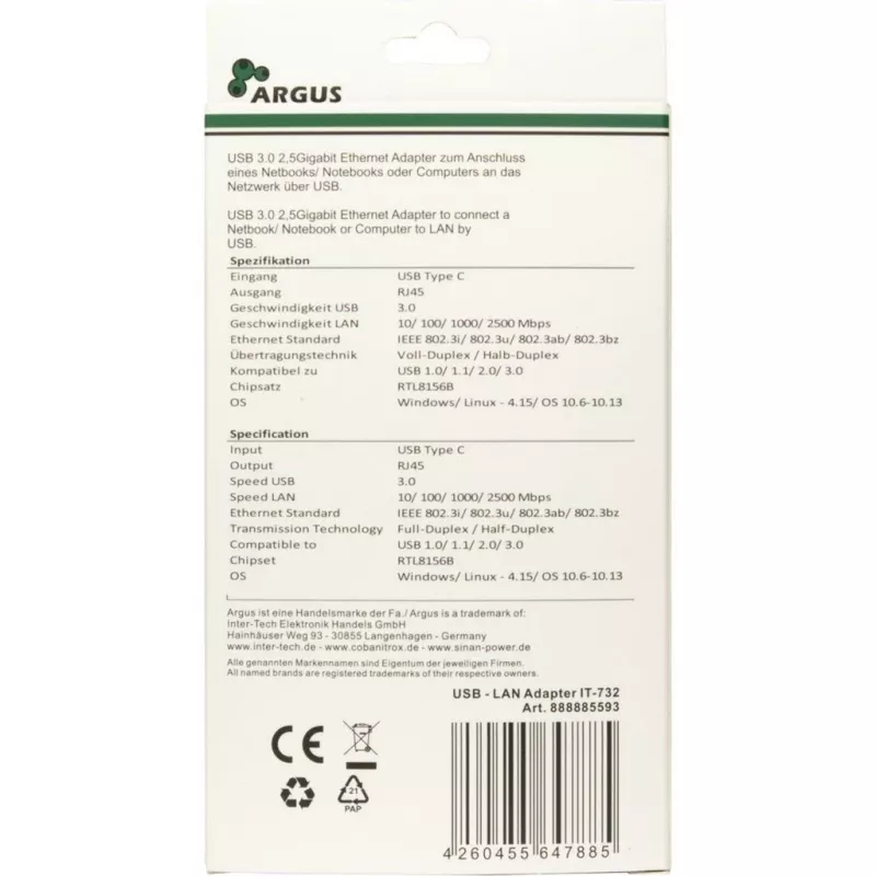Adattatore Ethernet Inter-Tech IT-732 2500 Mbit/s USB Type-C con cavo