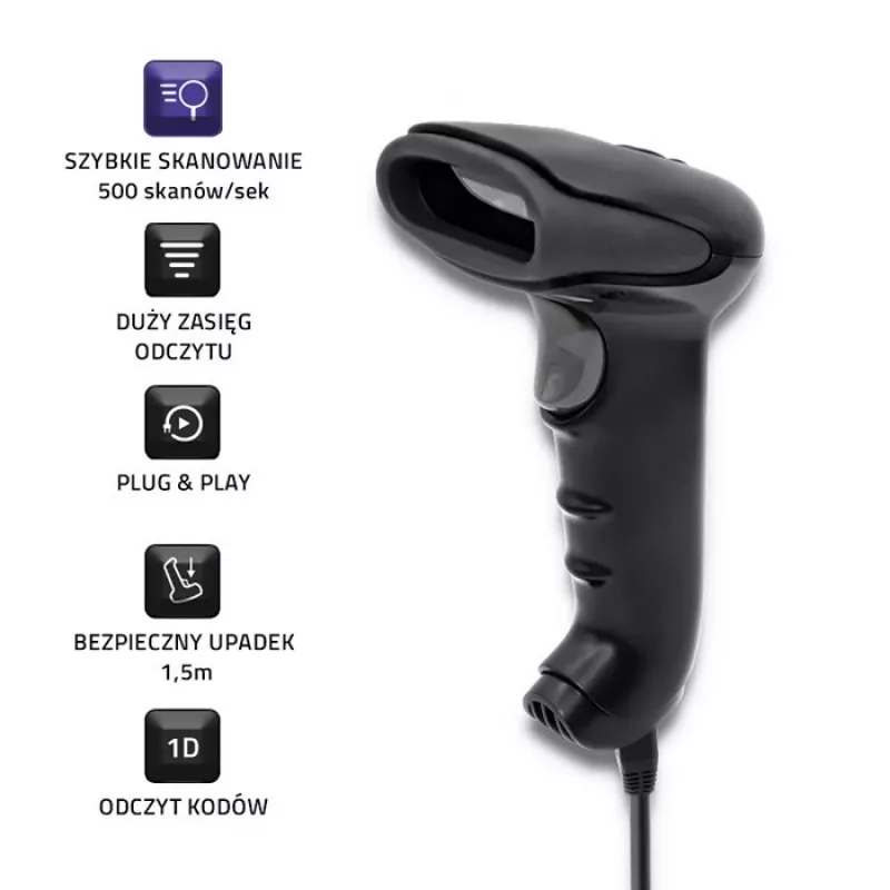 Lettore laser di codici a barre 1D CCD Qoltec 50866, USB, nero