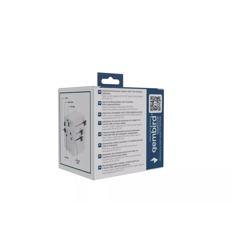 Alimentatore da viaggio GEMBIRD TPA-1A2C20-01-W — 20 W, USB-A (18 W) + 2× USB-C (20 W), spina tipo E, bianco