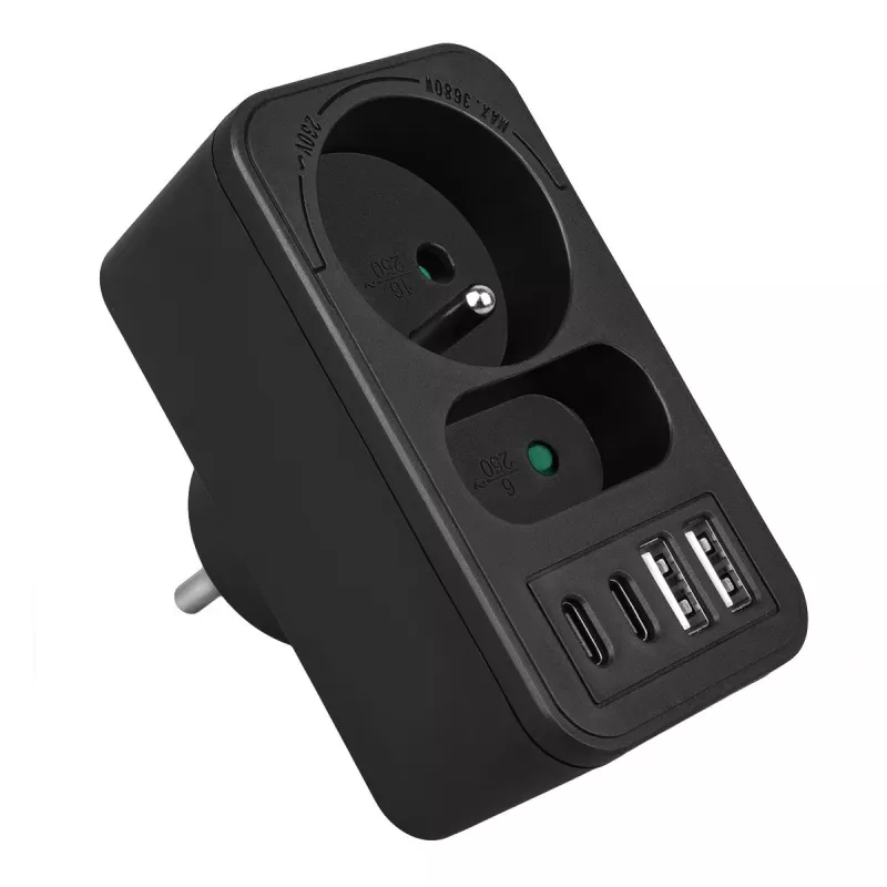 Power splitter MACLEAN MCE249 F/B – 2 prese AC (16A + 6A) con 2×USB-A e 2×USB-C PD 20W, spina EU, nero