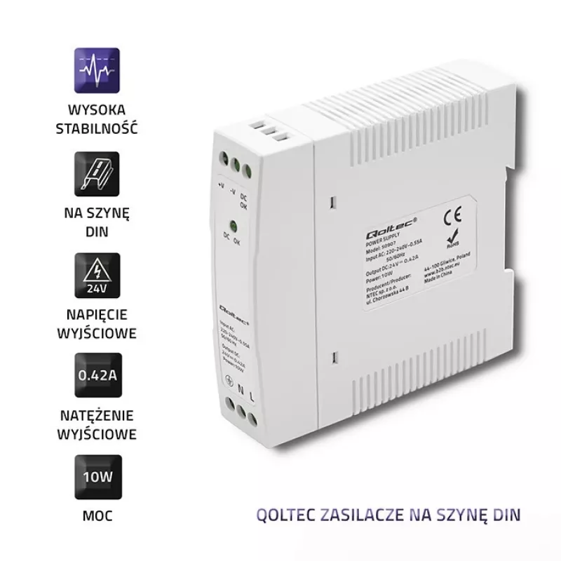 Alimentatore per guida DIN 10W, 24V, 0,42A, slim