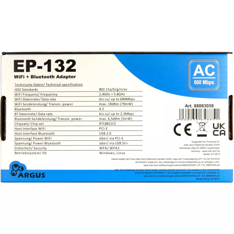 Adattatore di rete USB wireless INTER-TECH Argus EP-132, USB 2.0, Wi-Fi 5 (fino a 600 Mbit/s)
