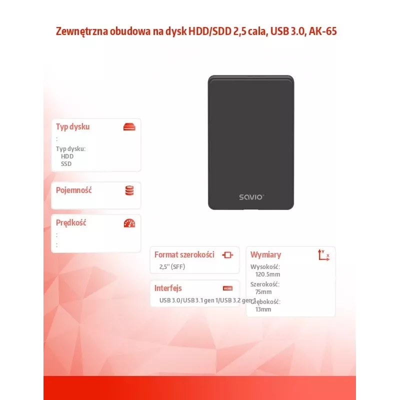 Case per HDD/SSD SAVIO AK-65 nero 2,5 pollici SATA USB 3.0 5 Gbit/s Micro-USB