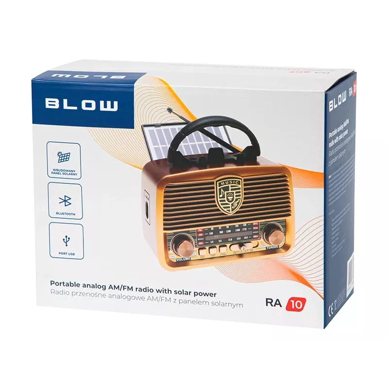 Radio analogica BLOW RA10 AM/FM solare 77-540 — ricevitore AM/FM con pannello solare e batteria di backup