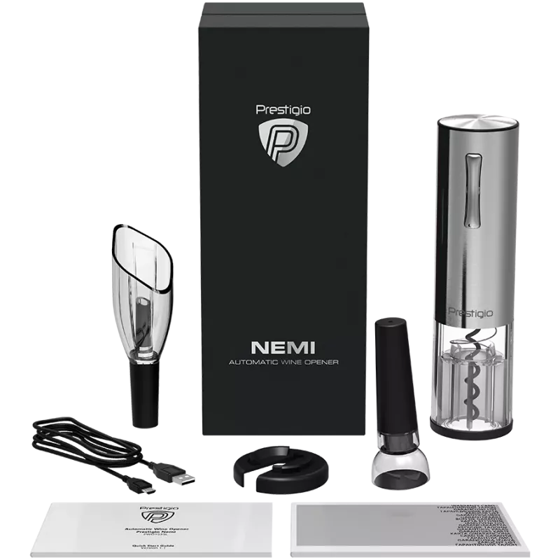 Nemi, cavatappi elettrico, aeratore, conservatore sottovuoto, argento