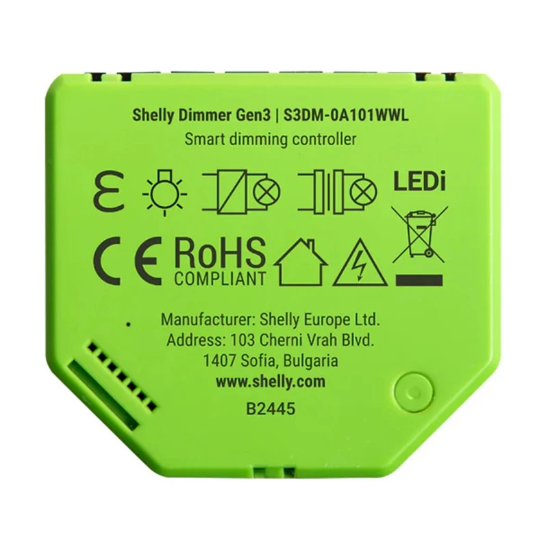 Dimmer da incasso Shelly Dimmer Gen3 — LED max 150W, alogeno max 200W, 220–240V, wireless, nero/lime