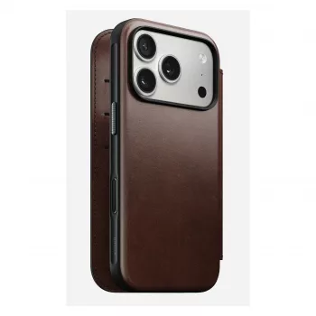 Custodia per smartphone Nomad Modern Leather Folio per iPhone 17 Pro, pelle/alluminio, 16 cm (6,3 pollici) marrone, 4 scomparti per carte