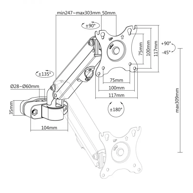 Supporto per monitor per tubo / asta 28-60 mm Maclean, 17-27'', max 7 kg, molla a gas, MC-459