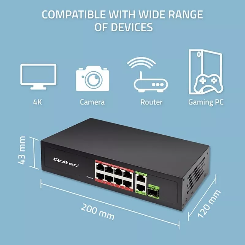 Switch Ethernet QOLTEC 52297 PoE RJ45 con uplink PoE e porta SFP