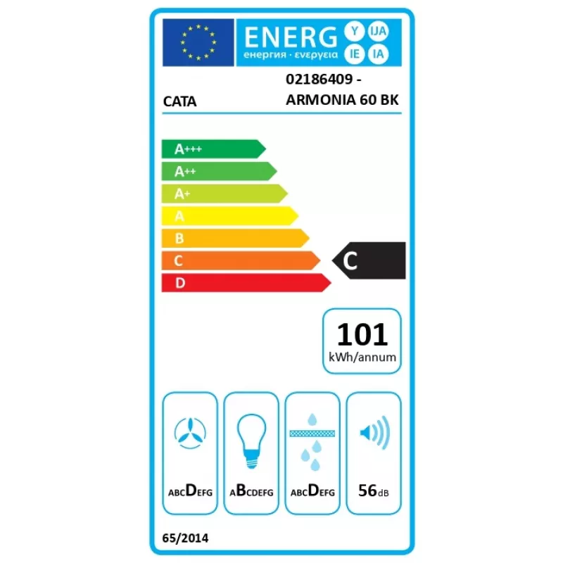 CATA Armonia 60 BK cappa da cucina, 645 m³/h, larghezza 79,8 cm, classe energetica C, LED, nero