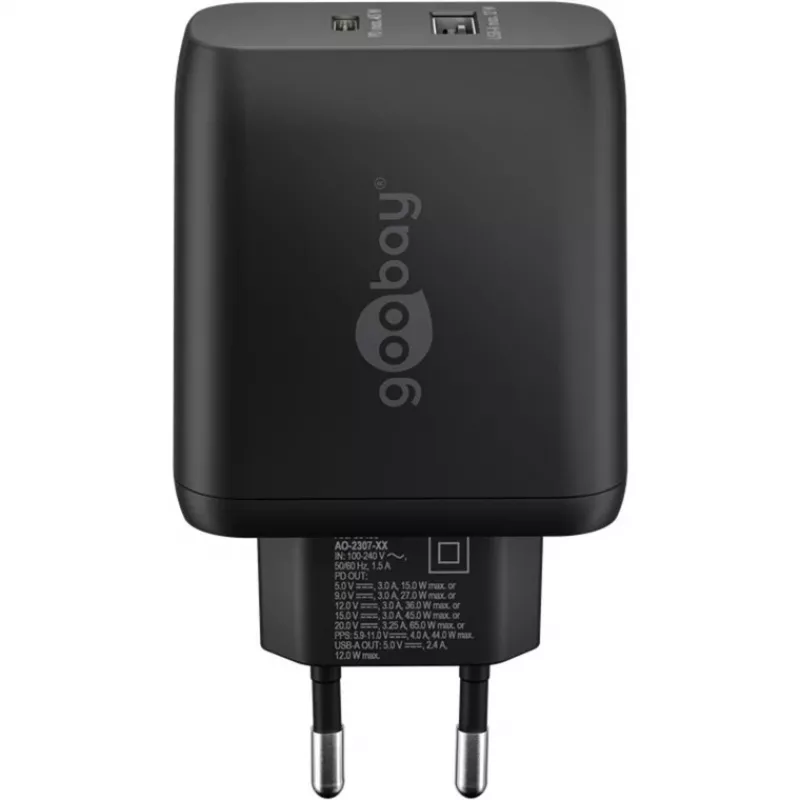 Caricabatterie dual-fast USB-C, PD, GaN, 65 Watt (nero, 1x USB-C, 1x USB-A, Power Delivery)