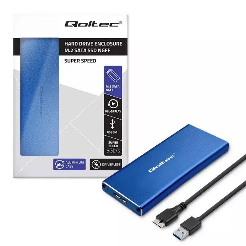 Case per SSD QOLTEC 51832 — esterno M.2 SATA, USB 3.0, fino a 2 TB, blu, supporta unità da 30 mm, 4 slot