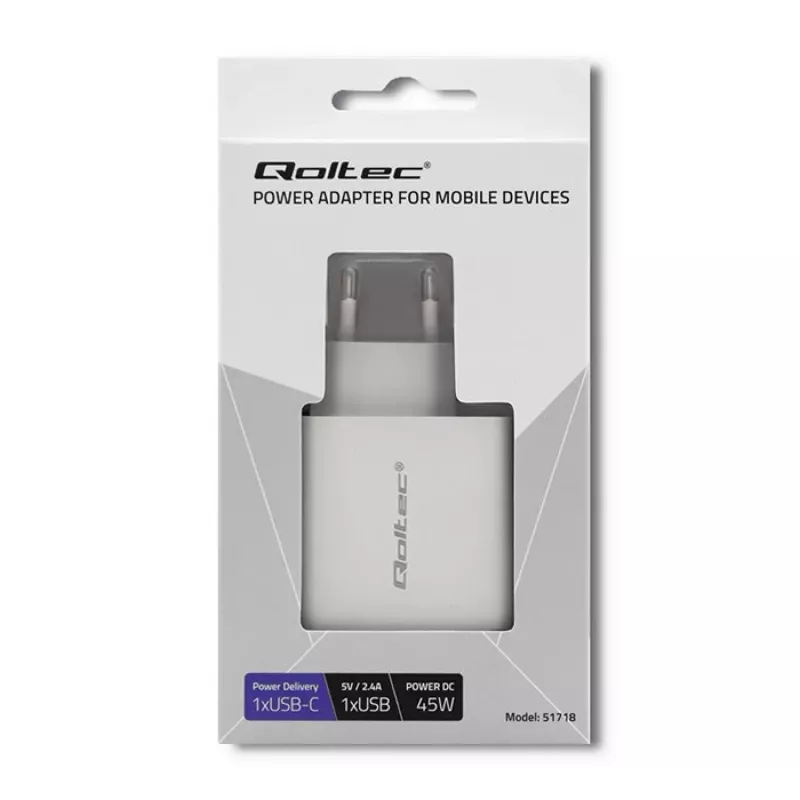 Qoltec 51718 caricabatterie | 45W | 5-20V | 2,4-3A | USB Type-C PD | USB | bianco