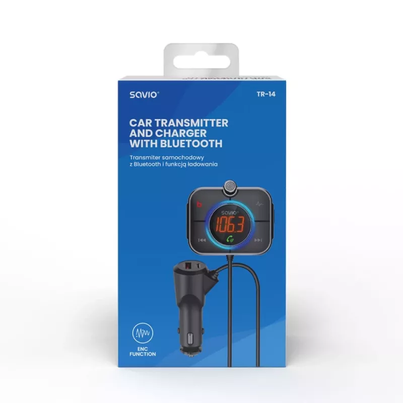 Trasmettitore FM SAVIO TR-14 Bluetooth USB, FM 87,6–107,9 MHz, MicroSD, USB-C, alimentazione auto 12 V