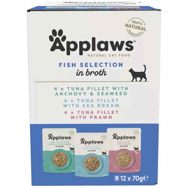 Applaws selezione di pesce in brodo, multipack di cibo umido per gatti, 12 × 70 g
