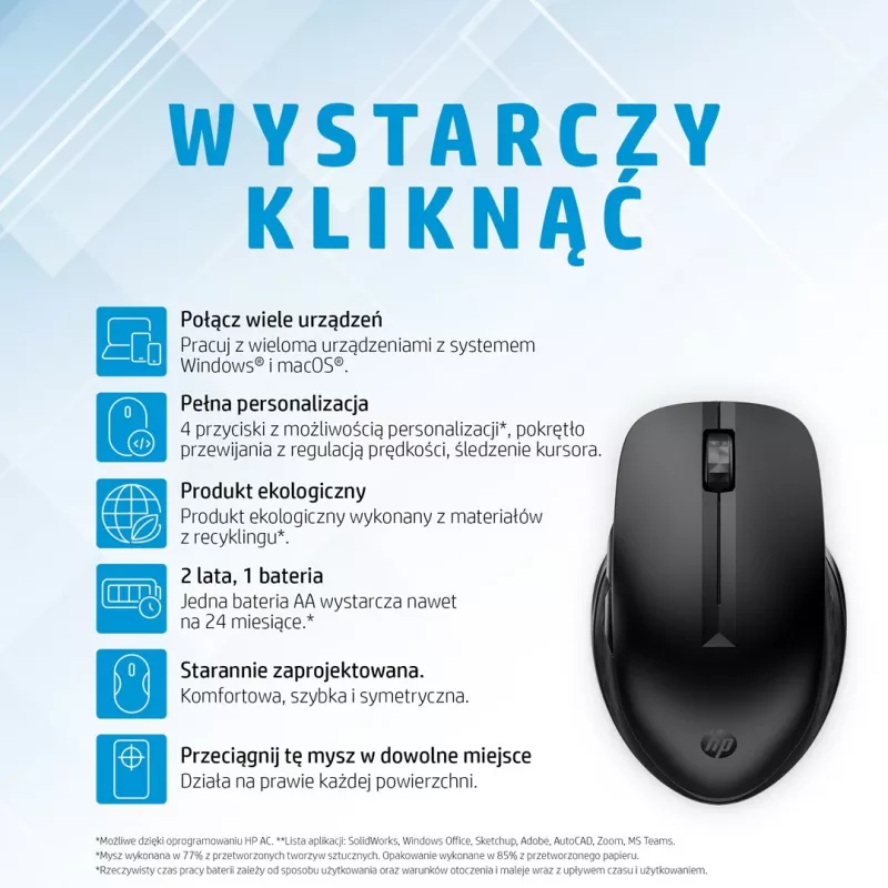 HP 435 mouse wireless multi-device, per destrimani e mancini, RF Wireless + Bluetooth, 4000 DPI, nero