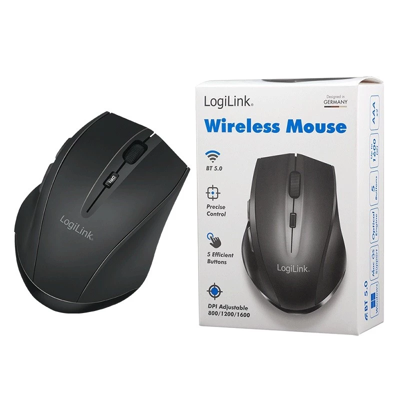 Mouse wireless Logilink BT5.0, ergonomico, nero