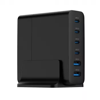 GEMBIRD caricabatterie per dispositivi mobili TA-UC-2A4C-PD75-01-BK — 75 W, 4× USB-C + 2× USB-A, PD & QC3.0, 6 dispositivi contemporaneamente, cavo 1,5 m, nero
