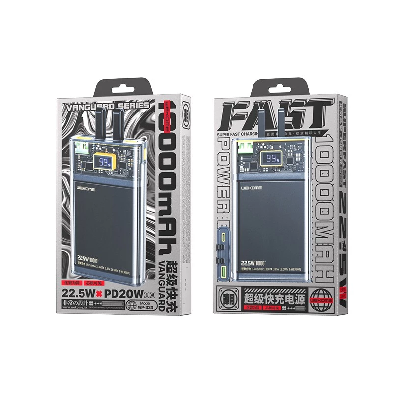 Power bank WEKOME WK-WP-323 serie Vanguard, 10000 mAh, cavo USB-C e Lightning integrato, PD 20 W + QC 22,5 W