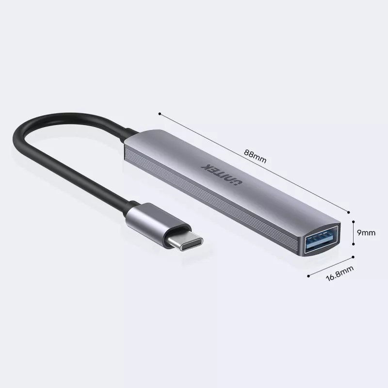 Hub USB-C Unitek H1208B — 1x USB-A 5 Gbit/s, 3x USB-A 2.0, host USB-C, case in alluminio, cavo 0,20 m