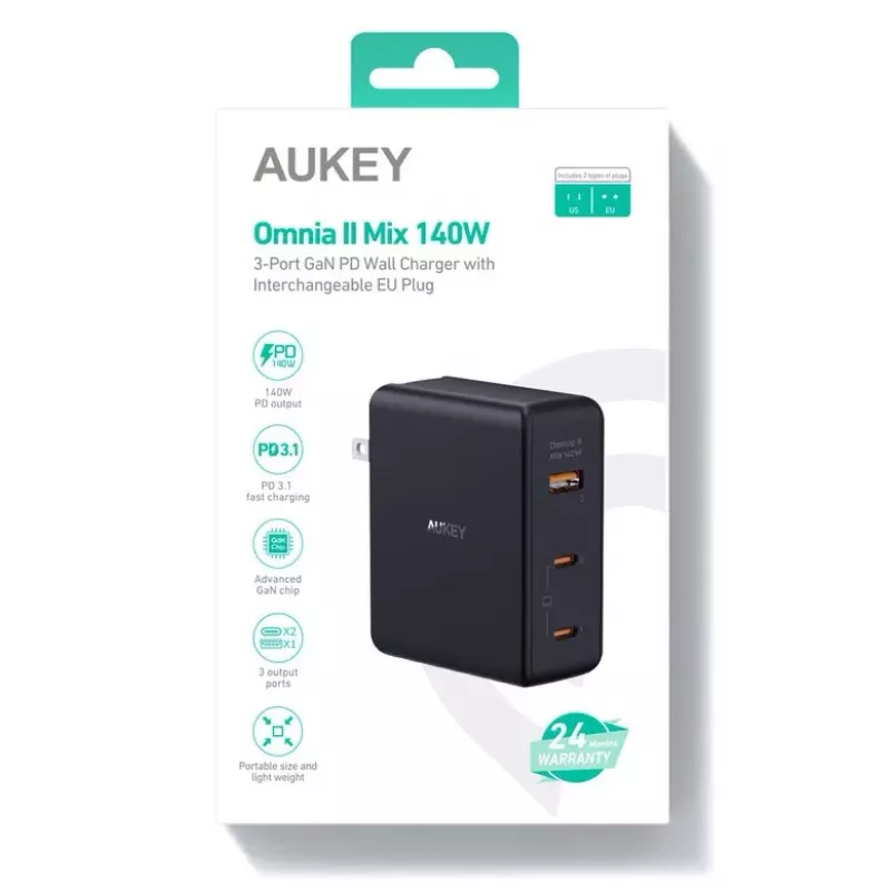 Caricabatterie da parete Aukey PA-B7O, 3×USB, tecnologia GaN