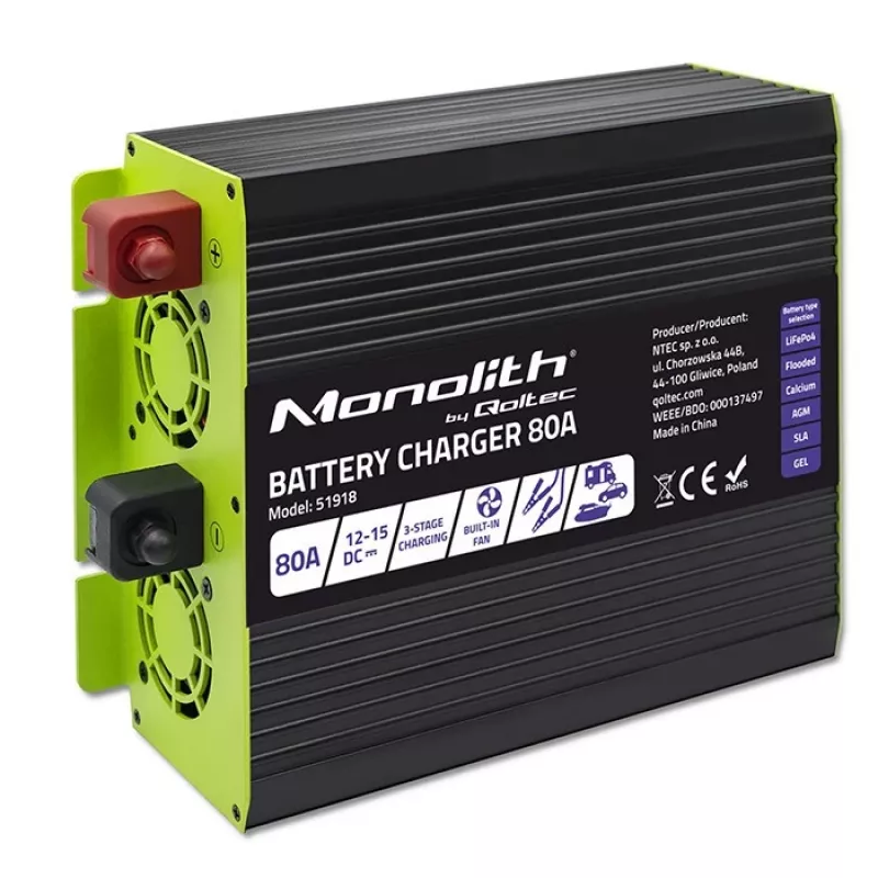 Caricabatterie QOLTEC 51918 80A 12V – caricabatterie per batterie LiFePO4, AGM, GEL, SLA