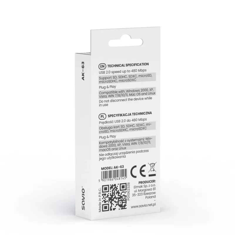 Lettore di schede SD, USB 2.0, 480 Mbit/s, AK-63 Savio SAVAK-63