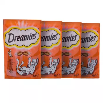 Snack per gatti Dreamies Cheese, Chicken, Salmon assortimento 12×60 g — snack solidi a base di carne, proteine 31%, grassi 21%