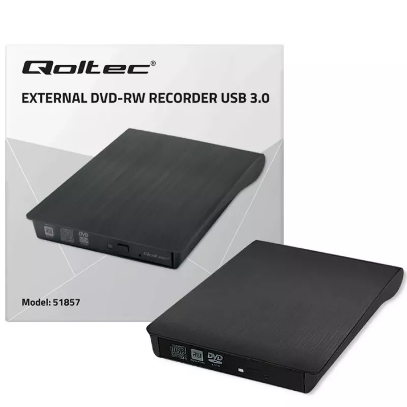 Masterizzatore DVD‑RW esterno QOLTEC 51857 — USB 3.0, interfaccia SATA, DVD±R 8x, DVD±RW 4x, DVD‑RAM 5x, CD 24x, nero