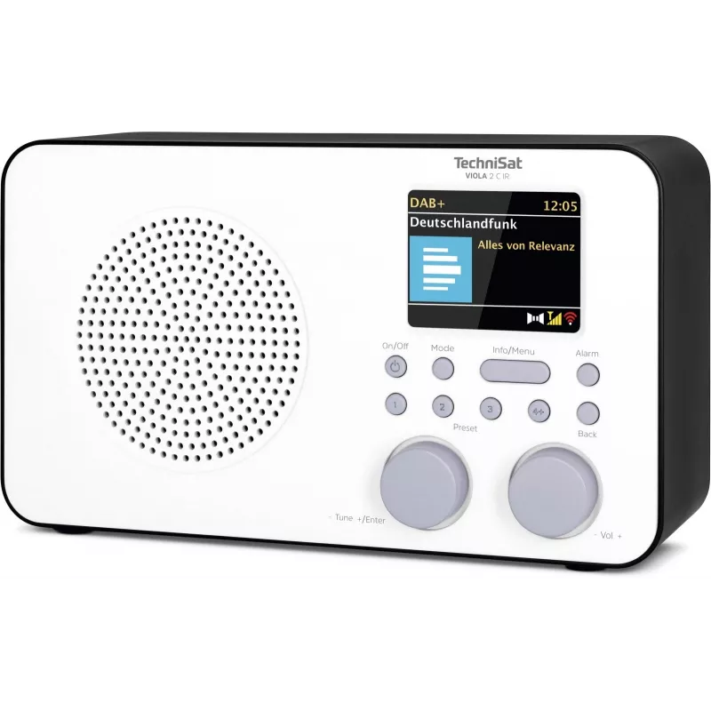 Radio internet TECHNISAT VIOLA 2 C IR — sintonizzatore analogico e digitale, DAB+/FM, Wi‑Fi, 3 W, TFT 2,4 pollici, 3,5 mm, nero/bianco